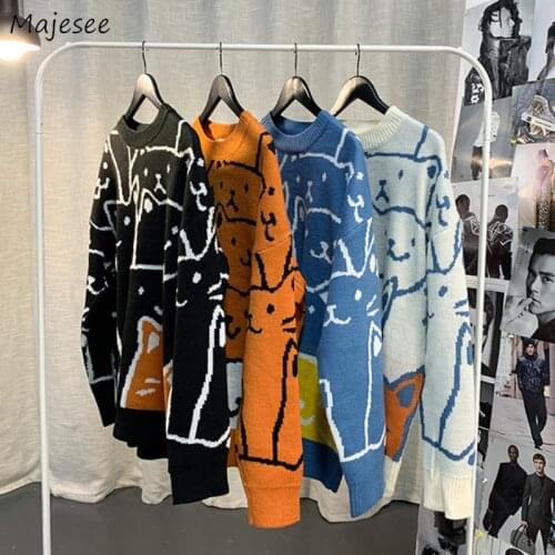 Pullovers Men Loose Cartoon Pattern Casual Student Knitted Fashion Korean All-match Streetwear Warm Clothes Vintage Harajuku Ins