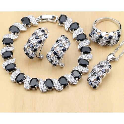 Silver 925 Jewelry Black and White CZ Jewelry Sets for Women Earrings/Pendant/Rings/Bracelet/Necklace Set