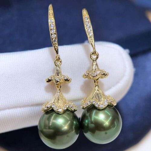 D822 Pearl Earrings Fine Jewelry 925 Sterling Silver Round 9-10mm Fresh Water Peacock Green Black Pearls Drop Dangle Earrings