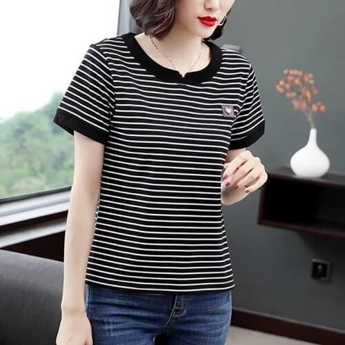 Shintimes Striped Women T-Shirt Short Sleeve Summer Tops 2021Cotton New Korean Style Plus Size Womens Clothing Tee Shirt Femme