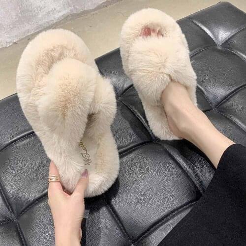 LLUUMIU women furry fur slides indoor home slippers Cute Plush Fox Hair Fluffy Sandals Fur Slippers Winter Warm Shoes Women