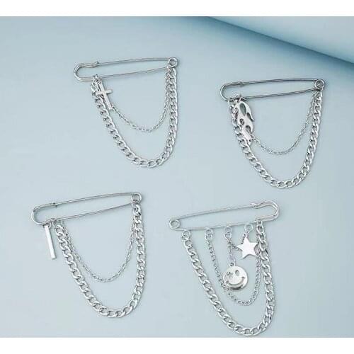 Womens Brooch/Man Suit Shirt Collar Tassel Chain Lapel Pin Brooch Trendy Hip Hop Cross Smiley Flame Badge Party Accessories