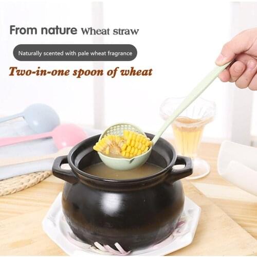 2 in 1 Wheat Straw Soup Spoon Long Handle Lovely Porridge Spoons with Filter Dinnerware Cooking Tools Kitchen Accessories