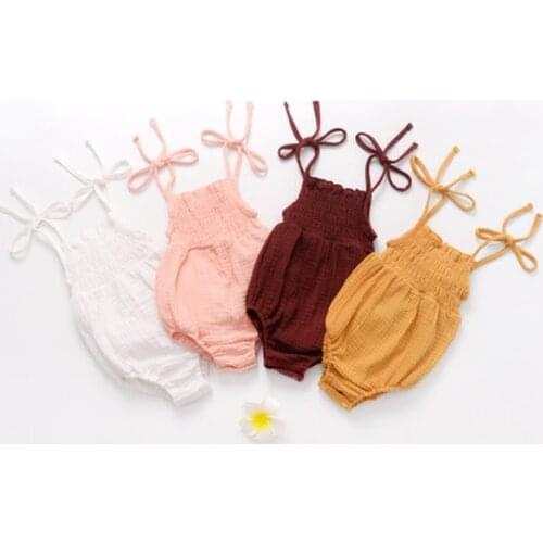 2021 Baby Summer Clothing Newborn Baby Girl Cute Clothes Srap Romper Cotton Linen Solid Jumpsuit Bowknot Outfits Set Soft