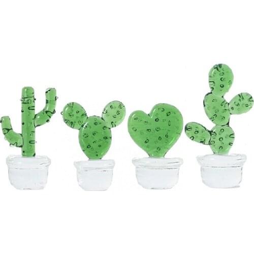 4pcs Home Decor Mini Cactus Glass Cactus Figurines Miniature Collectible Art, Suitable for Home and Office Countertop Decoration
