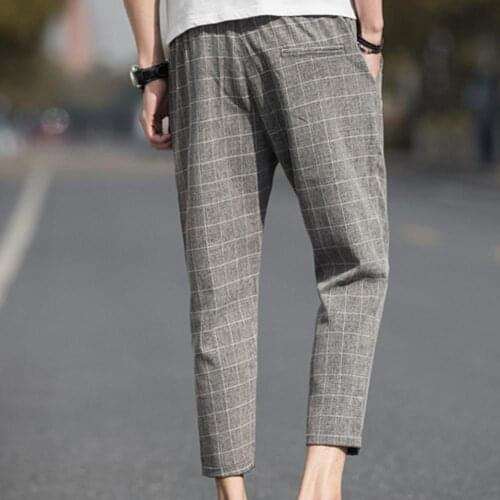 40%HOT Plus Size Men Plaid Drawstring Pockets Elastic Waist Pencil Trousers Ninth Pants