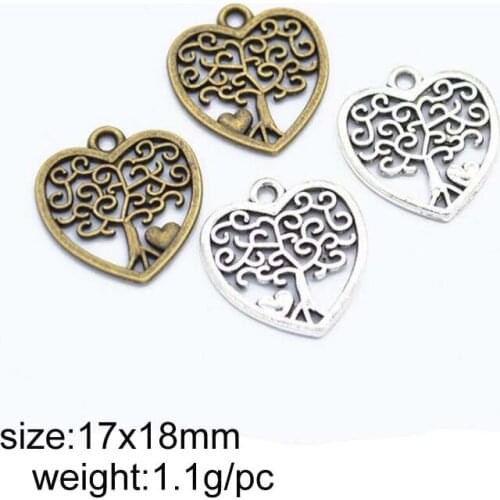 50pcs/lot Alloy Antique Silver 17x18mm Tree In Heart Charm Pendant Fit Bracelet Necklace DIY Metal Jewelry Making