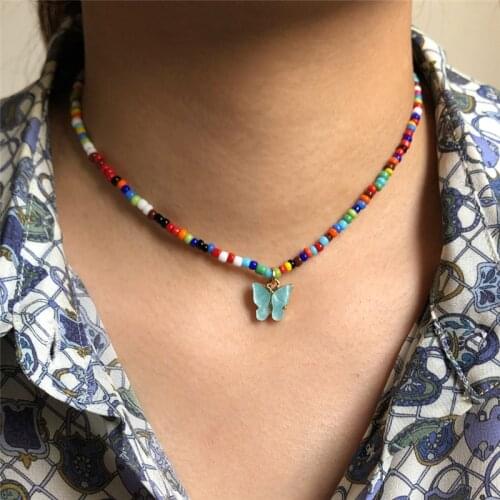 Boho Butterfly Necklace For Women Girls Cute Beads Choker Collar Chain Vintage Korean Acrylic Necklaces Jewelry Bijoux Femme