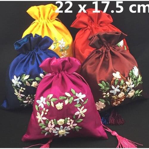 Handmade Ribbon Embroidered Large Christmas Gift Bags Chinese Satin Cloth Pouch Drawstring Tassel Wedding Party Favor Bags 50pcs