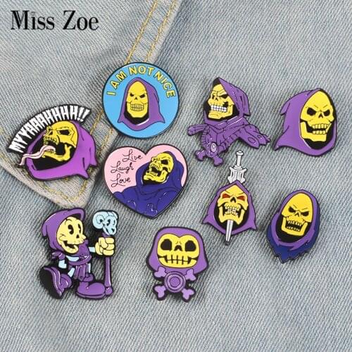 9Styles Skeletor purple hood Enamel Pin Masters of the Universe Badge Brooch Bag Clothes Lapel pin Classic Cartoon Jewelry