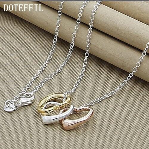 DOTEFFIL 925 Sterling Silver 18 Inch Chain Rose Gold Tricolor Heart Pendant Necklace For Women Wedding Engagement Jewelry