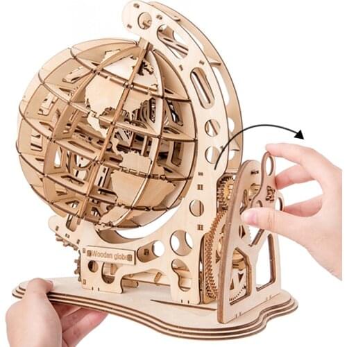 Wooden Globe Puzzle 3d Diy Mechanical Drive Model Transmission Gear Rotate Assembling Puzzles Home Office Decoration Adults Toys