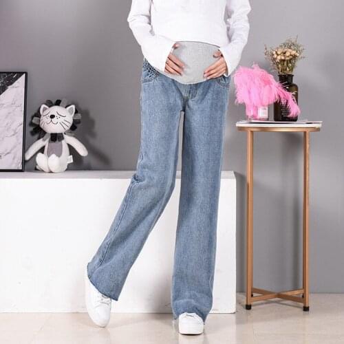 Maternity Denim Jeans Elastic Flared Trousers Stonewashed Waist Belly Wide Leg Trousers Pregnant Women Pregnancy Straight Pants