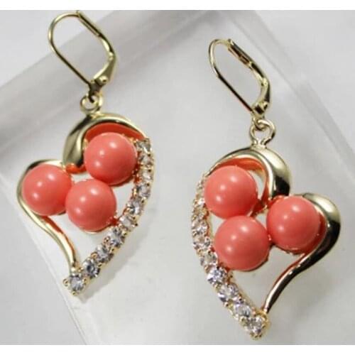 Fashionable and lovely gold plated heart shape + 8mm Coral Pink Shell Pearl Earrings