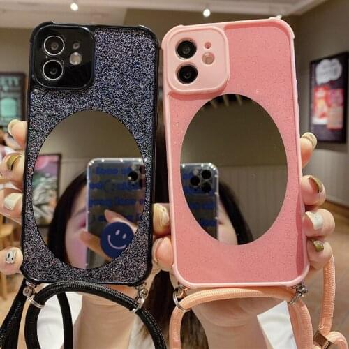 Fashion Makeup Mirror Glitter Phone Case for iPhone 12 Mini 11 Pro XS Max XR Necklace Cord Chain Hanging Rope Crossbody Cover