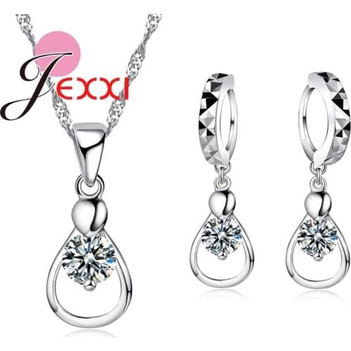 Hot Women Fashion Jewelry 925 Sterling Silver Drop Water Charming Cubic Zirconia CZ Crystal Necklace And Earings Set Gifts