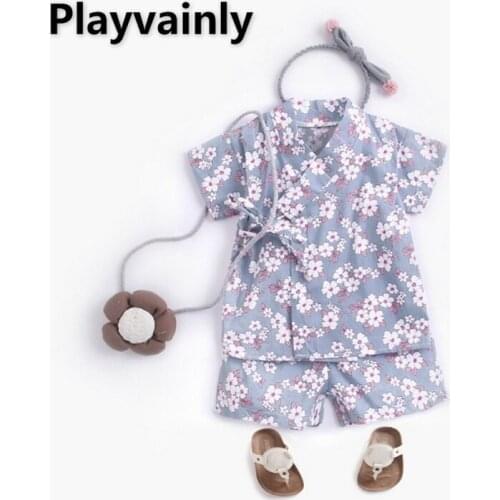 2021 Japense Style New Summer Kids Girls Boys Pajamas 2-pcs Sets Purple Floral Bathrobe Kimono Homewear Newborn Sleepwear E9030
