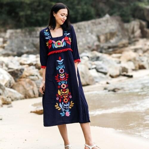 Vintage Fashion Women Bohemian Holiday Floral Embroidery Loose Midi Dress Linen Cotton Short Sleeve Boho Hippie Dress Vestidos