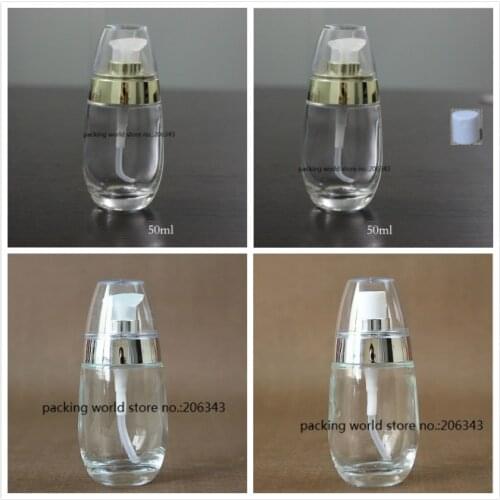 50ml egg shape clear glass bottle with silver/gold lotion/sprayer pump for lotion/emulsion/serum/foundation/toner/toilet packing