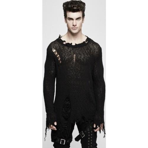 PUNKRAVE Mens Punk Decadence Pullover Sweater Pesonality Cool Pure Cotton Broken Hole Loose Long Sleeve Sweaters