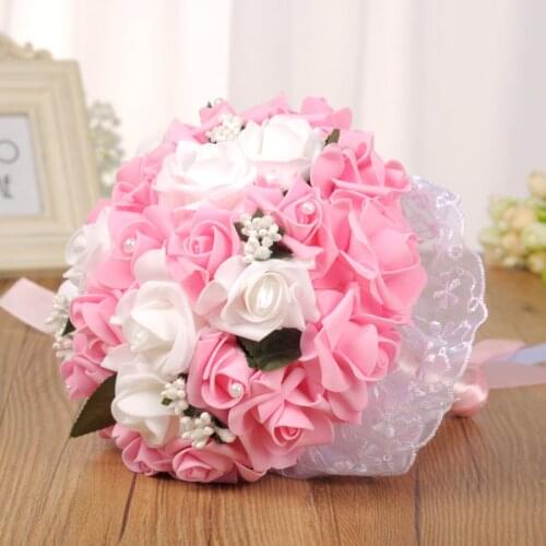 Tanpell Pink white Rose Wedding Bouquet Handmade Pearl Silk Decorating Bridal Bouquet Flowers 2019