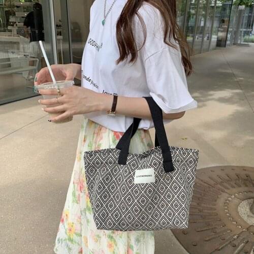Diamond Lattice Tote Bag Portable Lunch Bag Canvas Picnic Food Bags Women Simple Small Tote Korean Style Children Lunch Pouch