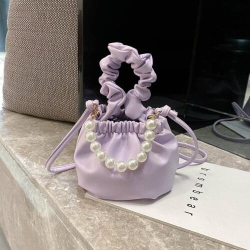 Fashion Women Mini Totes Bag Pearl Pleated Handle Female PU Leather Elegant Small Sling Shoulder Crossbody Handbag