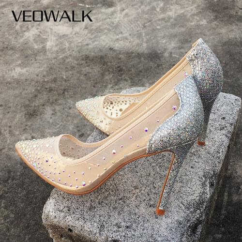 Veowalk Summer Bling Silver See-through Women Stiletto High Heels Sexy Ladies Shiny Pointed Toe Pumps Fashion Wedding Shoes