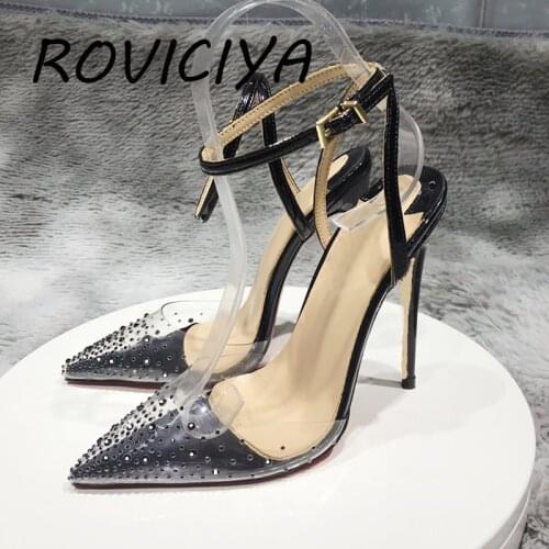 Women pumps 2020 transparent 10cm thin high heels fashion sexy pointed toe 8cm slip-on party black big size shoes SJ003 ROVICIYA