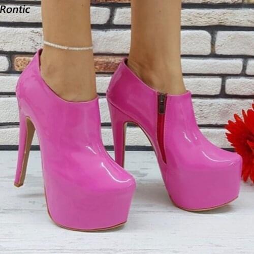 Rontic 2021 Handmade Women Platform Pumps Side Zipper Patent Leather Stiletto Heel Round Toe Gorgeous Fuchsia Shoes US Size 5-20