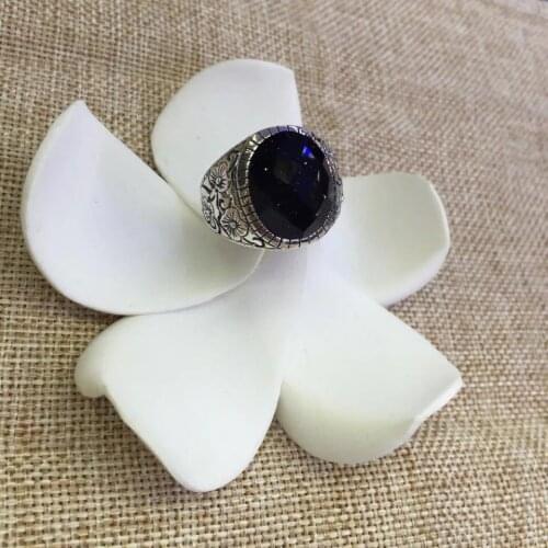 S925 Sterling Silver Retro Thai Silver Inlaid Blue Sand Stone Flowers Open Ended Exquisite Women Fashion Ring