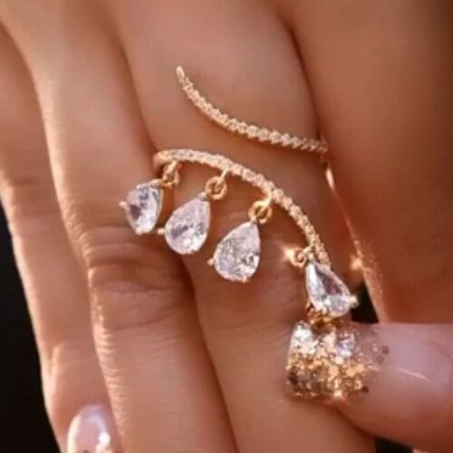 Fashion Special Creative Zircon Index Finger Ring for Women Open Rhinestone Drop Pendant Golden Wedding Ring Trend Jewelry 2020