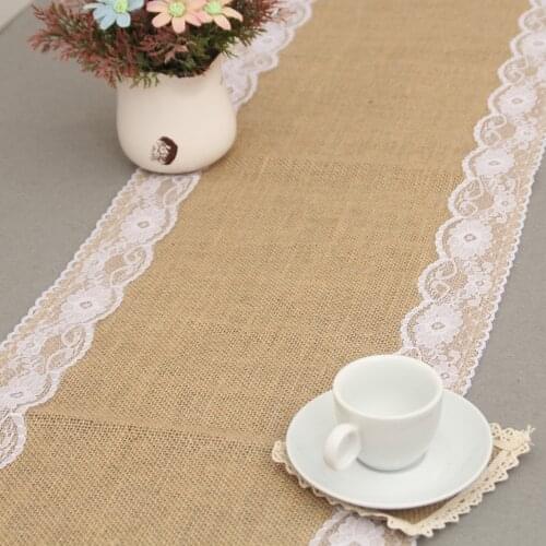 12''x108'' Shabby Chic Burlap Lace Hessian Natural Jute Table Runner for Wedding Party Festival Event Table Decorations