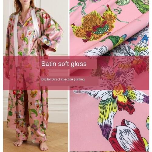 145*100cm brand imitation silk stretch satin warbler tail flower printing handmade diy haute couture pajamas fabric