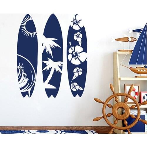 3PC Set Surfboard Vinyl Sticker Surfer Beach Flower Waves Mens Womens Living Room Wall Decal Art Bedroom Decoration 2258