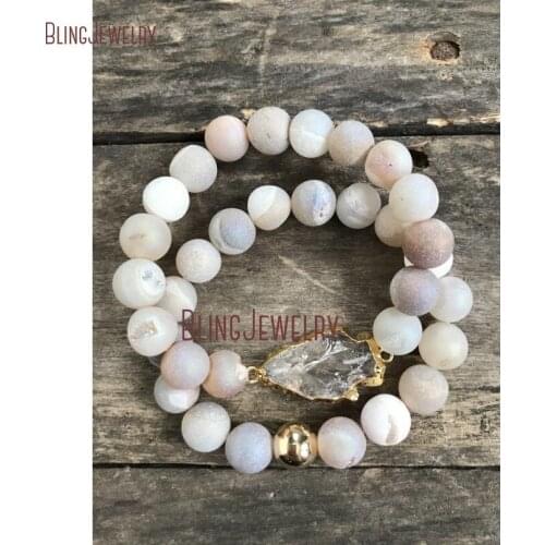 Arm Party Druzy Geode Bracelet Netrual Beaded Stretch Power Bead Crystal Quartz Arrowhead Bracelet BM16091