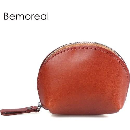 Bemoreal small Coin wallet Genuine Leather Vintage money bag card&key wallet with Zipper Mini Oval Change Purses