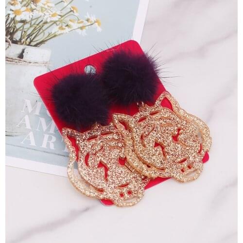 Bohemian Tiger Head Drop Earrings For Women Mink Fur Statement Earrings Resin Big Earring Large Brinco Earring Accessories