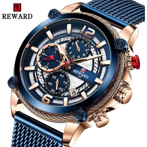 REWARD Luxury Mens Watch Top Brand Blue Steel Mesh Strap Chronograph Waterproof Men Sport Quartz Wrist Watch Relogio Masculino