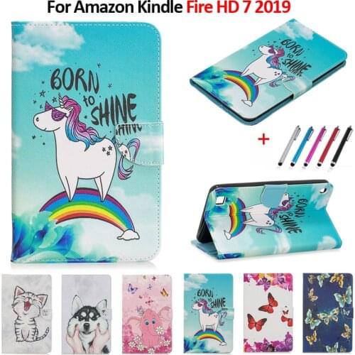 Tablet Case For Funda Amazon Kindle Fire HD 7 2019 Case Kawaii Unicorn Cat Puppy Leather Cover For All new Fire 7 9th Generation