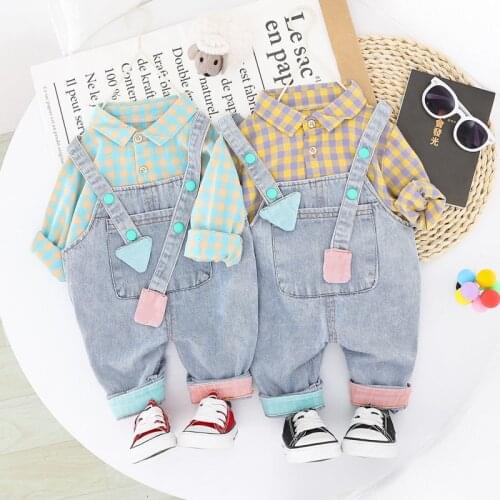 Children Cotton Out Clothes Toddler Spring Autumn Baby Boy Girls Plaid T Shirt Denim Bib Pants 2Pcs/sets Outfit Kid Tracksuit