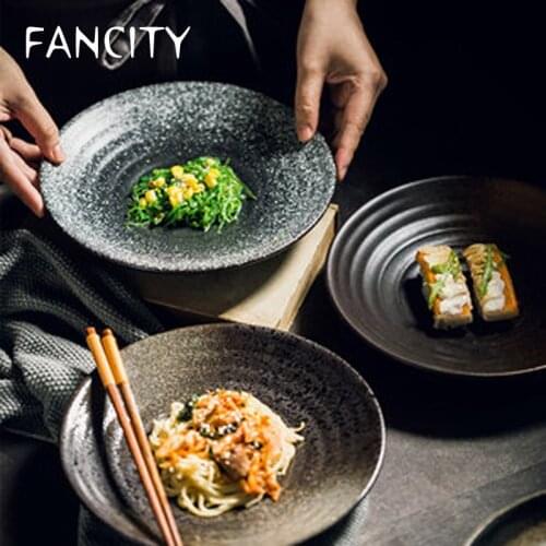 FANCITY Creative Retro Ceramic Tableware Household Simple Flat Plate Dinner Plate Rice Plate Black Breakfast Plate Snack Plate