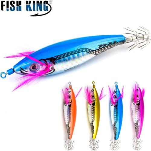 FISH KING Fishing Squid Hook Wood Shrimp Artificial Lure 7cm/11.5g 4colors Glow Jigging Octopus Jig Luminous