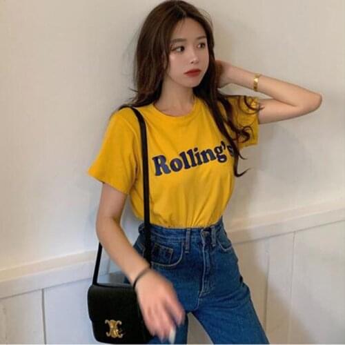 New Fashion Women T shirts Letters Print Short Sleeve O Neck Cotton Spandex T shirt Femme Casual Loose T shirt Woman