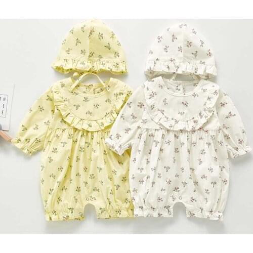 Baby Girl Romper Children Clothing Autumn Floral Cute Baby Onesie Jumpsuit Newborn Long Sleeve Romper With Hat