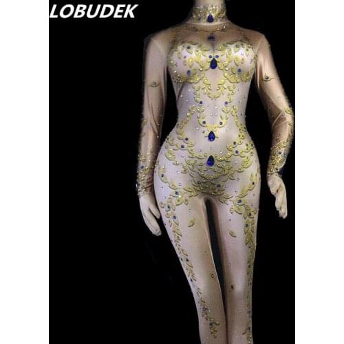 Gold Leaves Printing Jumpsuit Sparkly Stones Nude Leggings Pants Rompers Women Singer Prom Costume Bar Pole Dancing Stage Wears