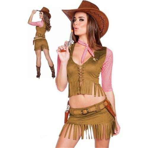 Sexy Cowgirl Costume Halloween Party Cowboy Costume For Adult Women Cowgirl Cosplay Western Dress Suit Top + Skirt + Hat + Belt