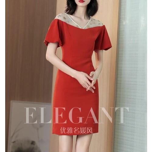 French red dress with split hips 2019 new summer slim v-neck dress