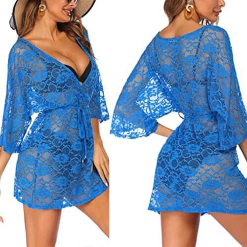 Fashion New 2021 Women Lace Bikini Beach Cover Swimsuit Ups Floral Half Sleeve Deep V-neck Mini Dress Bathing Suit Beachwear
