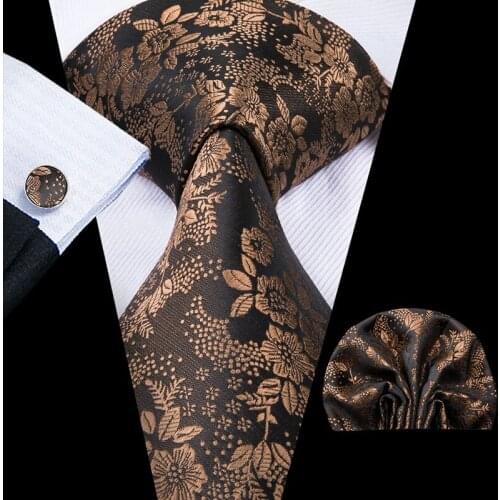 Hi-Tie 100% Silk Floral Brown Mens Tie Set 8.5cm Wedding Ties For Men New Design Hanky Cufflinks Leisure Top Quality Necktie